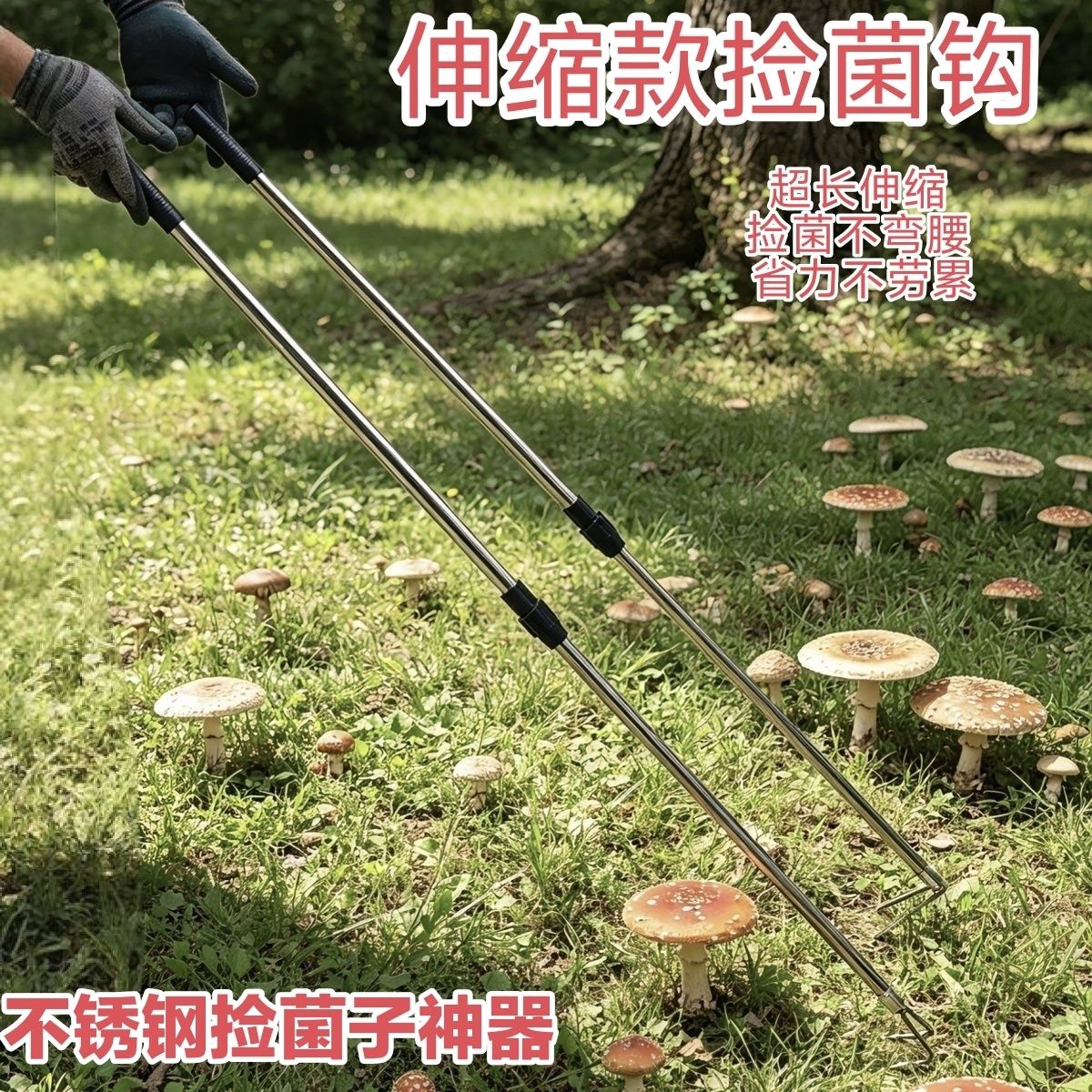 捡蘑菇神器镰刀伸缩捡菌神器采蘑菇捡玉米实心不锈钢二齿小耙子拾