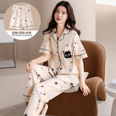 三件套2025新款纯棉夏季女士开衫短袖长裤猫咪睡衣套装宽松可外穿
