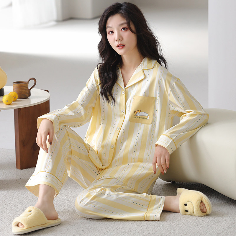 玲玲家睡衣女士宽松加厚纯棉黄色条纹小猫长袖开衫款家居套装秋冬,女士内衣/男士内衣/家居服,睡衣/家居服套装,淘宝优惠券,粉丝福利购,淘宝优惠卷