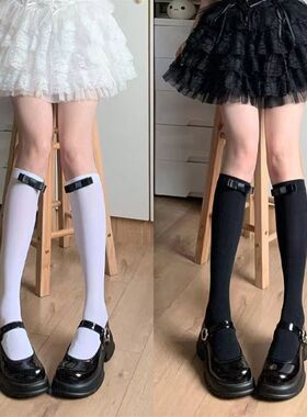 春夏季薄款烟灰色过膝袜韩国蝴蝶结白色JK大腿袜日系黑色长筒袜