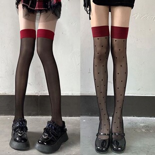 红边黑丝长筒黑色超薄性感波点丝袜爱心过膝袜子红圆点大腿袜