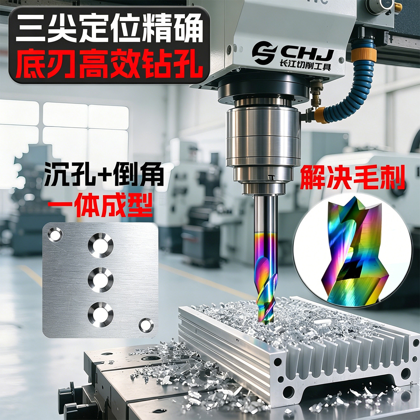 钨钢七彩三尖台阶钻120°/90°铝散热器山型二级阶梯沉孔倒角钻头 - 实物图