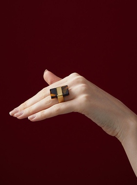 潮人爆款~玳瑁色方块戒指女独特设计法式复古夸张指环高级感轻奢