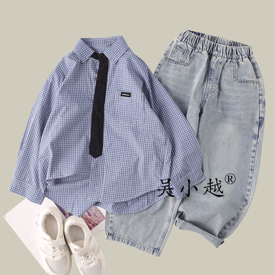 吴小越w1919男童蓝格子衬衣外套同学痞帅男孩春秋装韩版版型大童