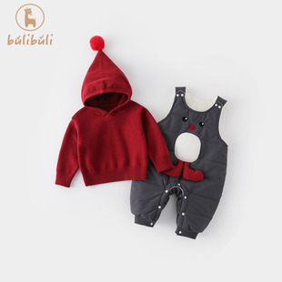 婴幼童背带裤套装冬装2025新款男女宝宝冬季卡通保暖衣服两件套潮