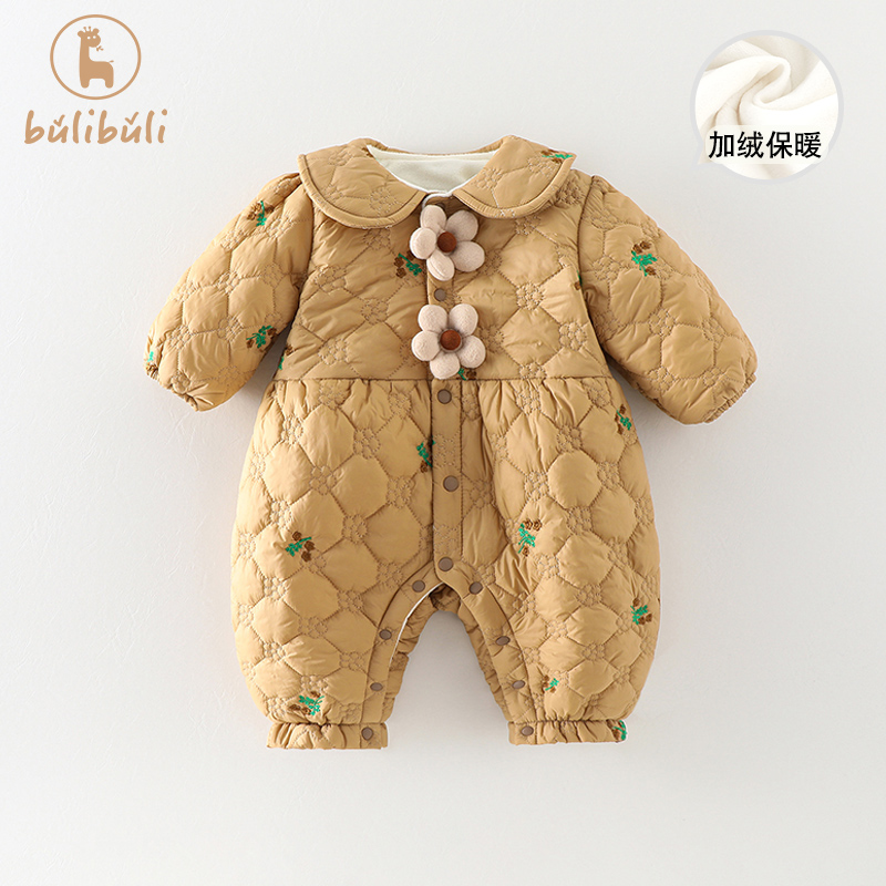 韩版婴儿衣服秋冬装女宝宝夹棉加绒连体衣秋冬季外出保暖棉服哈衣