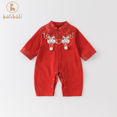 婴儿拜年服薄款喜庆红色衣服宝宝中国风连体衣长袖单层哈衣爬爬服