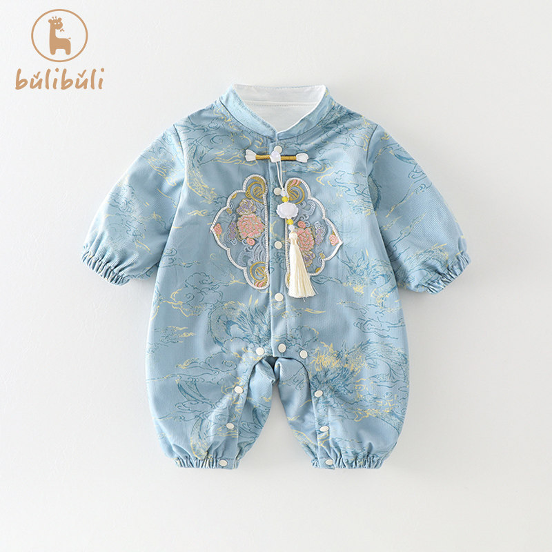 新生婴儿衣服秋装男宝宝新中式连体衣春秋季外出满月百天哈衣爬服