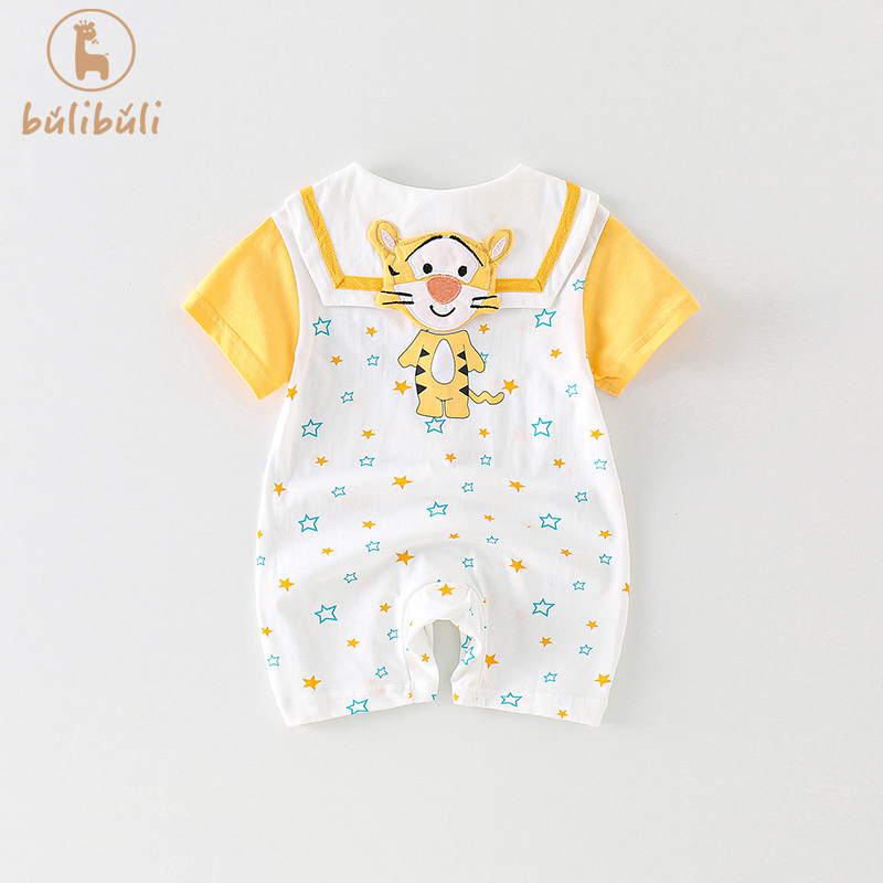 海军风婴儿夏装衣服新生宝宝可爱小老虎短袖哈衣夏季纯棉连体衣夏