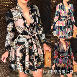 秋天出游穿搭海边度假连衣裙冬新款 性感裙 长袖 V领绑带女短裙时尚