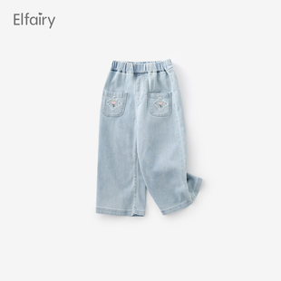 宝宝裤 薄款 子夏季 Elfairy女童直筒牛仔裤 微喇儿童休闲阔腿裤 洋气