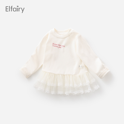Elfairy儿童长袖T恤女童秋装女孩中长款花边卫衣裙宝宝内搭打底衫