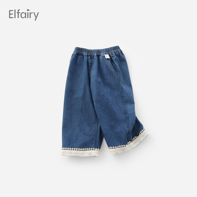 Elfairy女童直筒牛仔裤宝宝裤子春秋款小童装儿童翻边休闲裤秋装