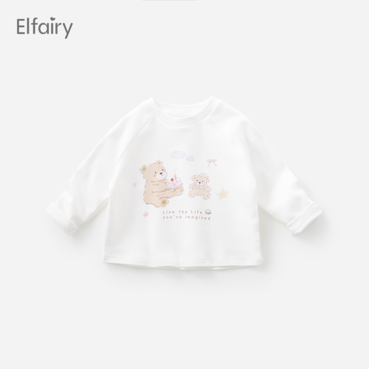 Elfairy女童可爱卡通T恤宝宝秋装长袖上衣白色内搭儿童打底衫纯棉