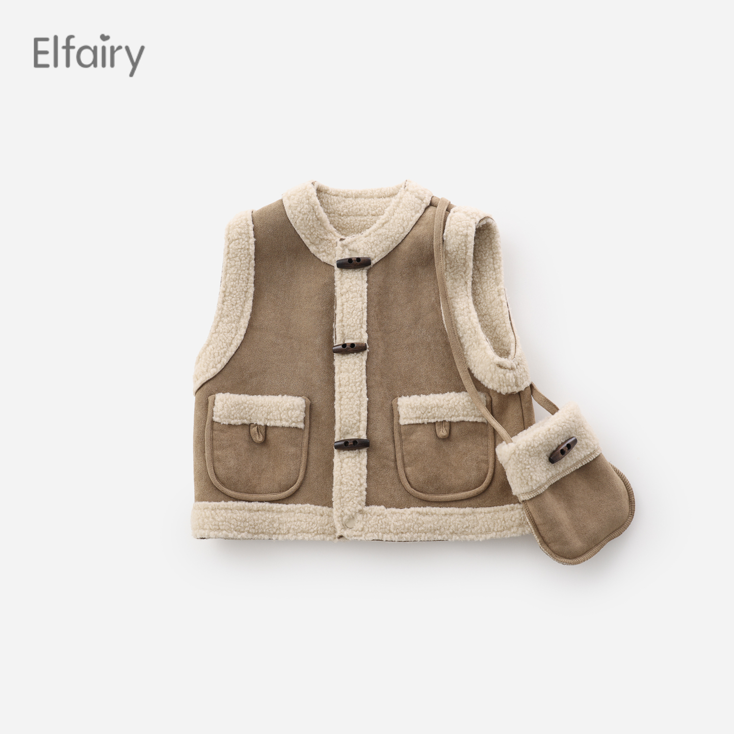 Elfairy儿童一体绒马甲女童秋冬装加厚背心宝宝仿羊羔绒皮毛外套