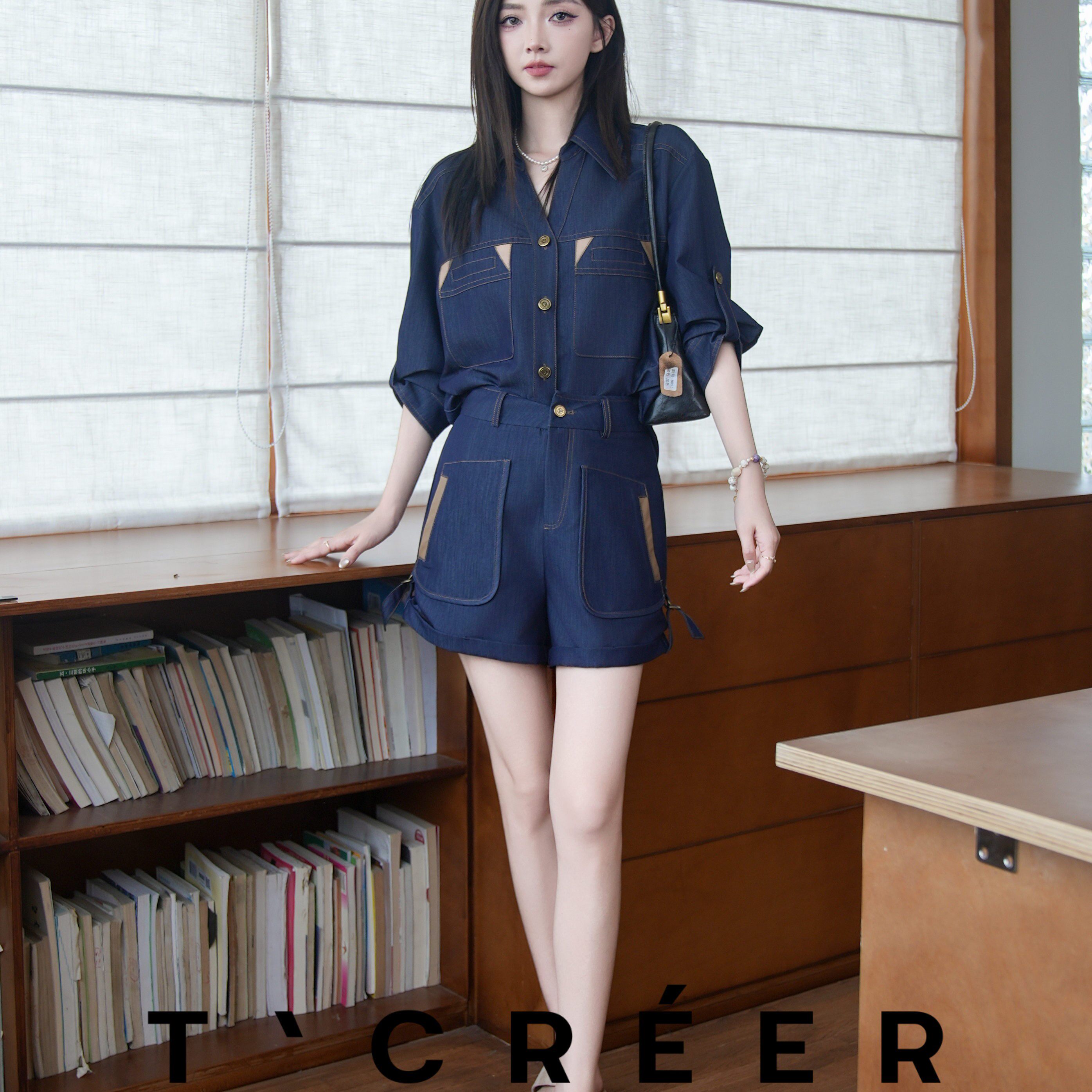 T`CREER|西部往事 复古工装风深蓝色明线透气牛仔套装女