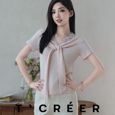 T`CREER｜杏花疏影 小设计露肩一字领蕾丝拼接系带短袖上衣女夏