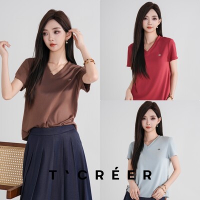 T`CREER｜【列星安陈】夏日休闲纯色V领修身短袖女