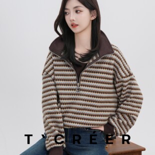 T`CREER｜【长风和煦】冬季撞色提花翻领半开拉链套头气质上衣女