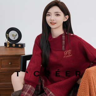T`CREER｜【枫撼碎红】韩系慵懒复古宽松套头不规则上衣女