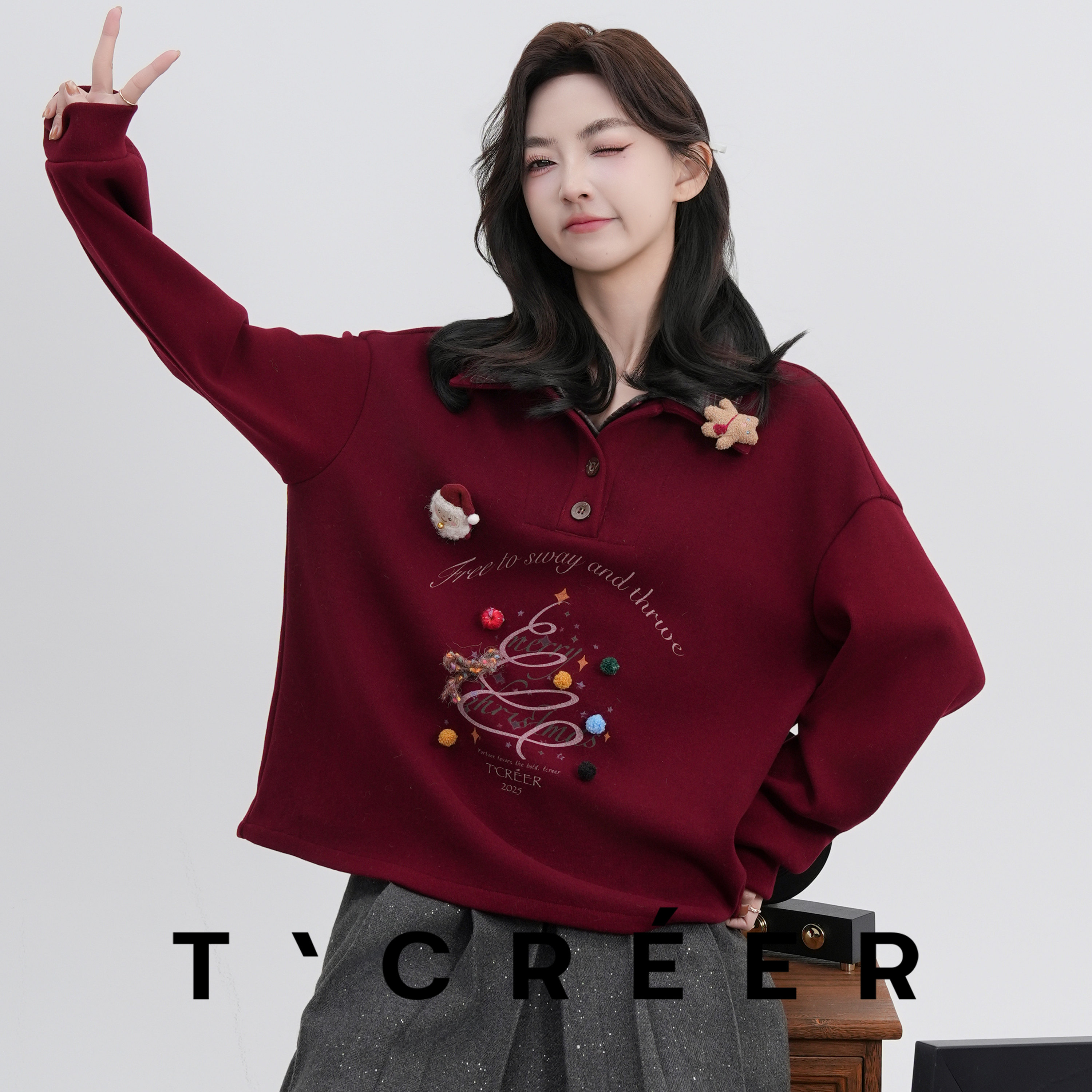 T`CREER｜【圣诞季】韩系慵懒风休闲时尚polo领假两件卫衣女,女装/女士精品,上衣,淘宝优惠券,粉丝福利购,淘宝优惠卷