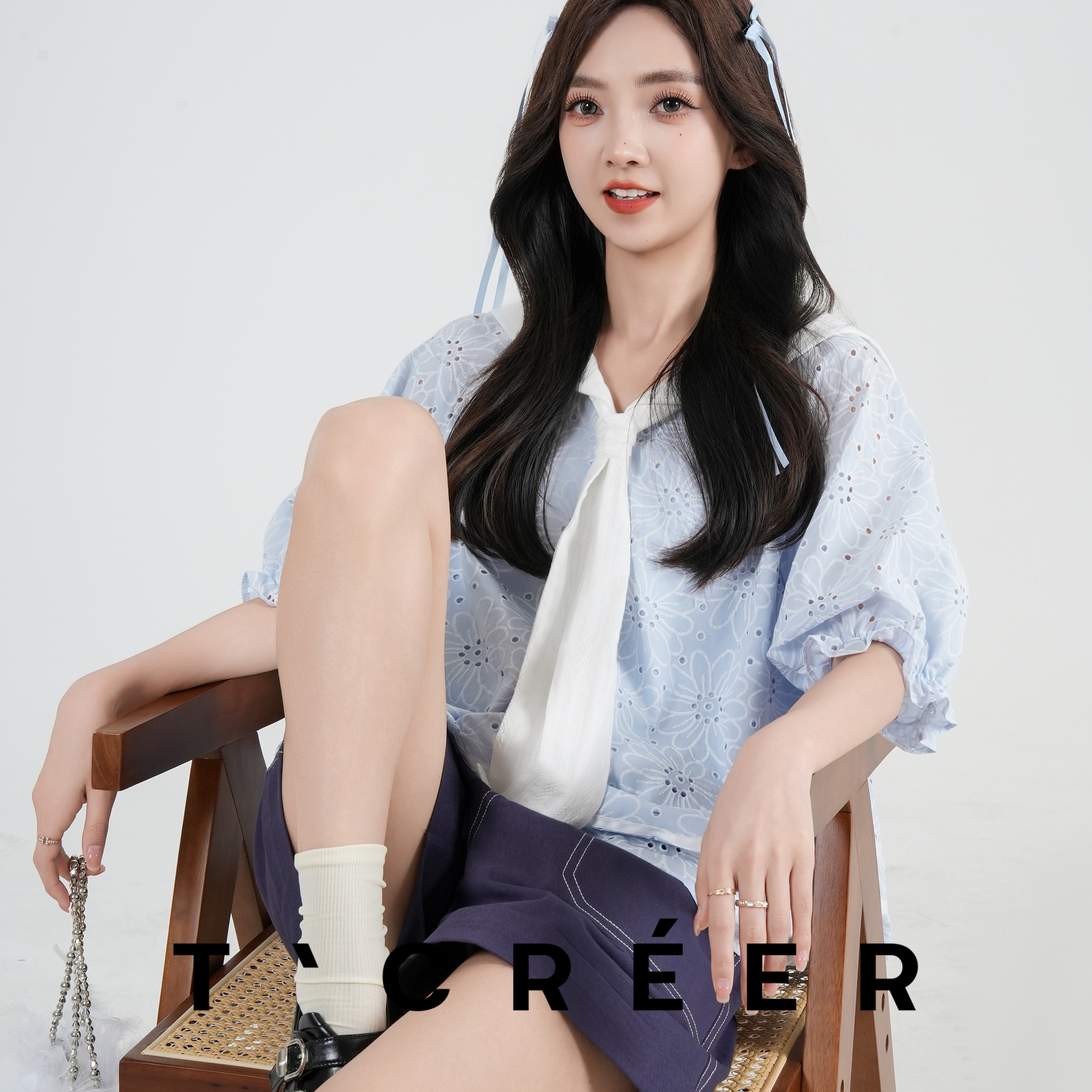 T`CREER｜【莺啼晓雾】夏日限定甜美海军领印花上衣女