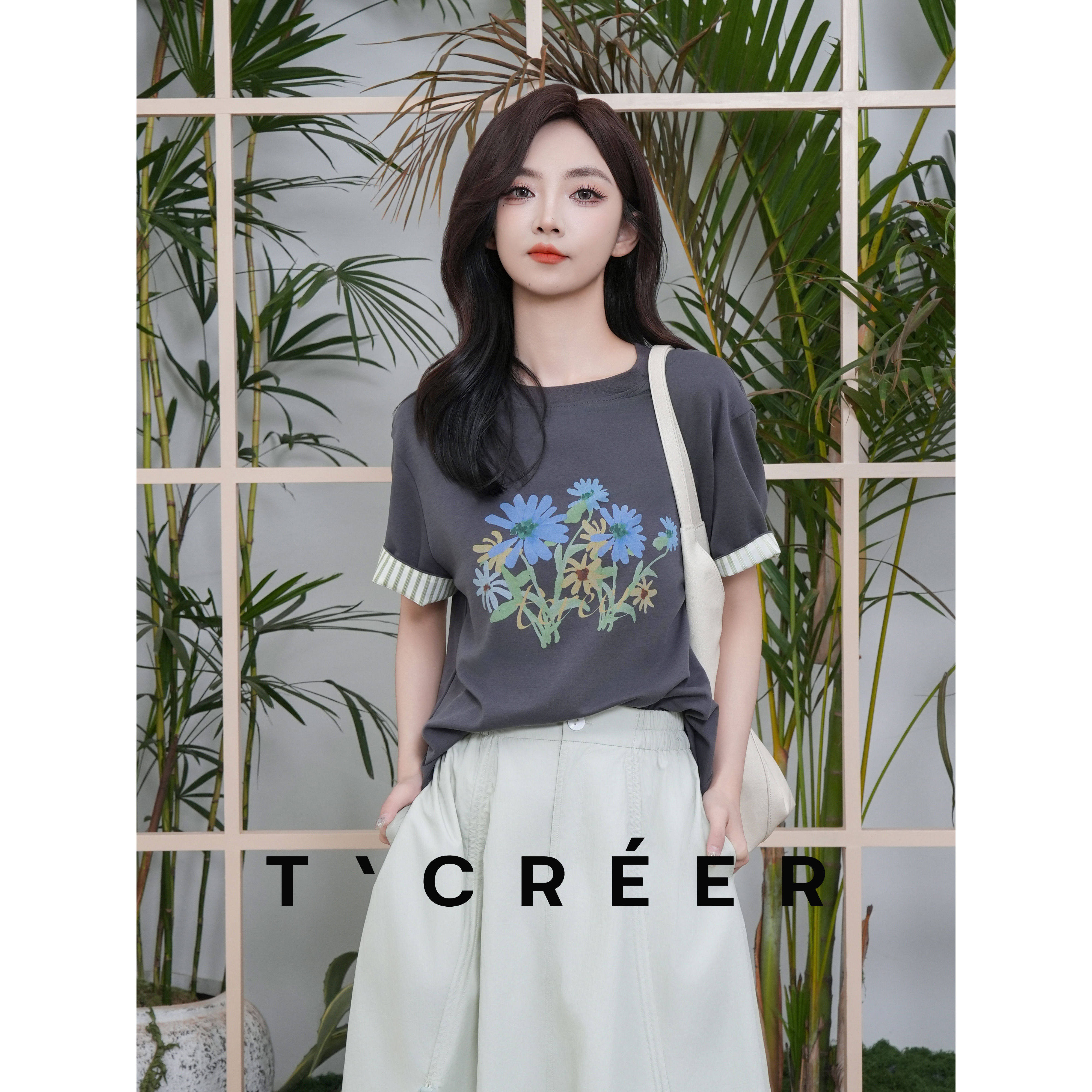 T`CREER|【花满溪】复古油画花朵条纹拼接T恤女夏季宽松显瘦百搭