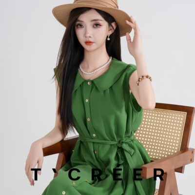 T`CREER｜【苔秀阶绿】法式复古绿色无袖宽松连衣裙女夏