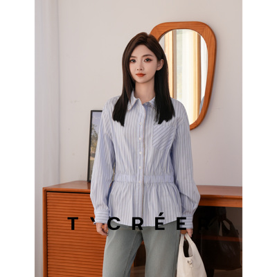 T`CREER｜【海边午后】韩系ins学院风设计感条纹潮流长袖衬衫女