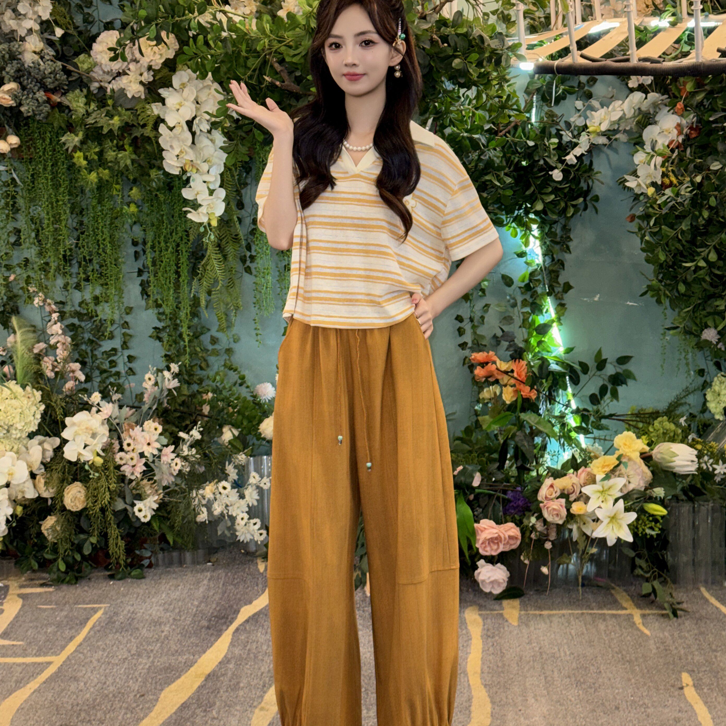 T`CREER 甜美阔腿裤女夏季休闲垂感宽松修身高腰薄款直筒长款裤子