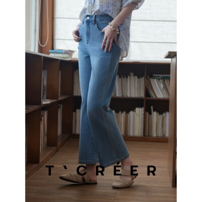 T`CREER  水洗高腰直筒牛仔裤女夏季高腰修身显瘦通勤风休闲裤子