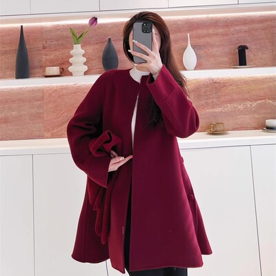安哥拉红色双面羊绒大衣2025冬款新品单排扣圆领搭配斗篷毛呢外套