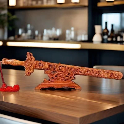 正宗桃木剑木雕挂件带剑座雕刻客厅摆件桃木宝剑横式托架剑架