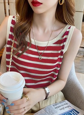 红色棉麻条纹背心女夏外穿宽松内搭新款针织吊带无袖t恤薄款上衣