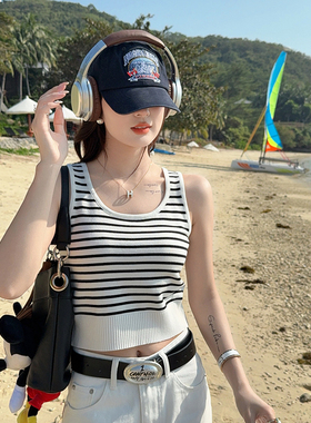 黑白条纹针织吊带背心女修身夏外穿新款宽肩内搭短款无袖气质上衣