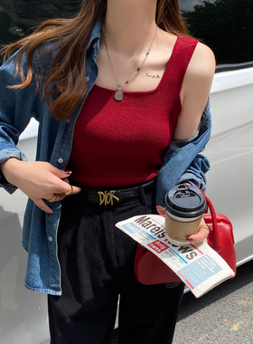 针织吊带背心女内搭夏季红色方领外穿宽肩带无袖t恤打底上衣显瘦