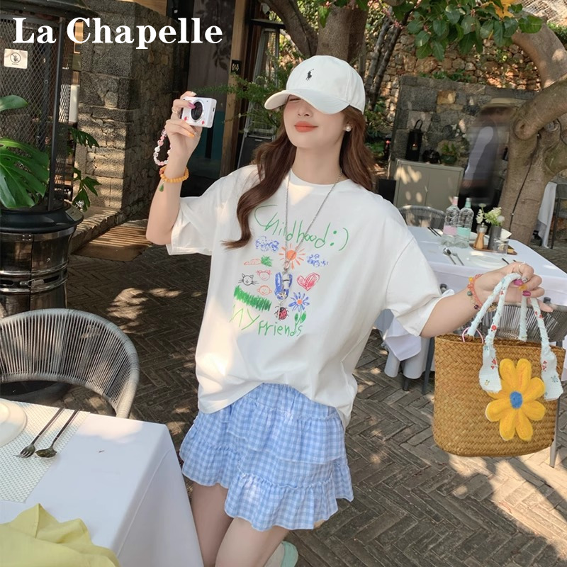 拉夏贝尔白色印花短袖T恤女2025夏新款圆领宽松显瘦独特漂亮上衣