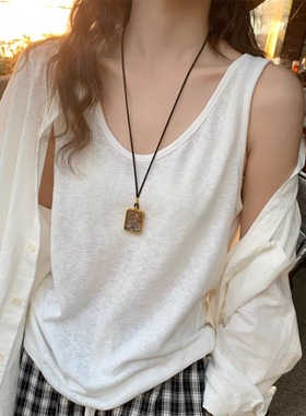 白色V领棉麻冰丝吊带背心女内搭2025夏新款宽松薄款黑色上衣外穿
