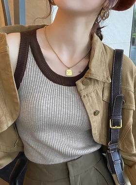 撞色圆领针织吊带背心女内搭修身2025春秋新款外穿设计感打底上衣
