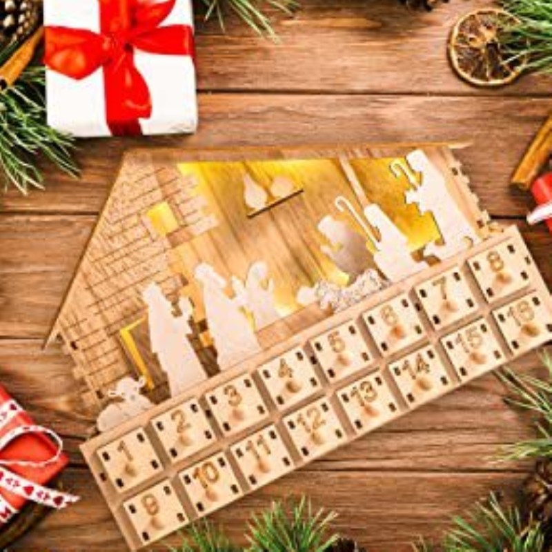 木质圣诞节诞生马槽组led灯倒计时日历柜摆件圣诞夜场景装饰品