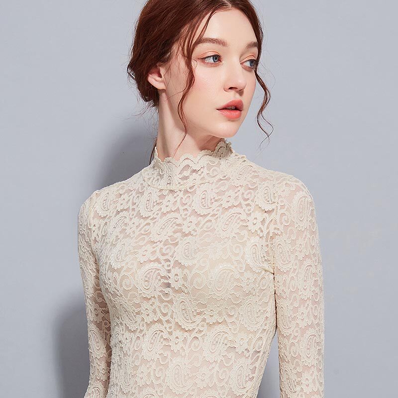 半高领蕾丝打底衫女装新款秋冬新品内搭长袖t恤镂空仙女洋气小衫