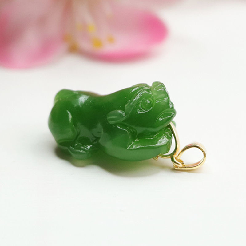 鑫澜天然珠宝」 S925银镶和田玉碧玉貔貅吊坠俄料菠菜绿项链玉石