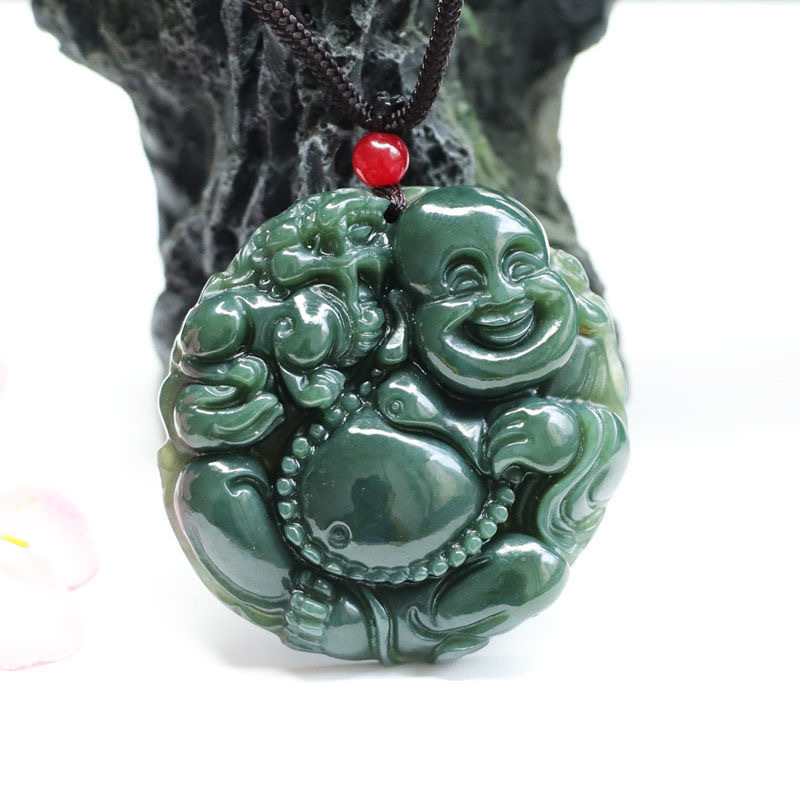 鑫澜正品带证书和田玉佛公吊坠塔青黑羊脂笑佛弥勒佛挂件玉石