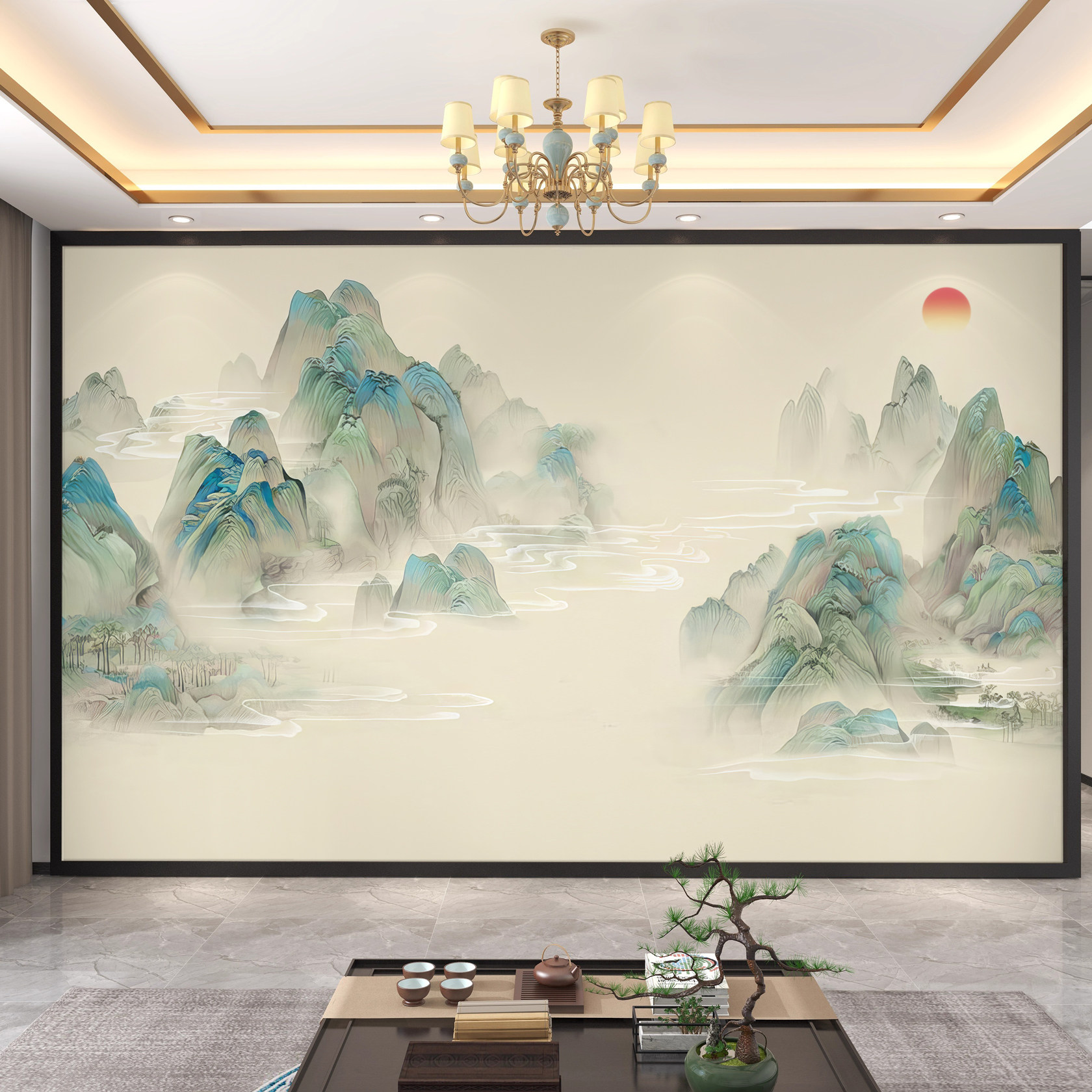 电视背景墙壁画中式山水千里江山图影视墙壁布定制立体3d装饰墙布,家装主材,定制壁画,淘宝优惠券,粉丝福利购,淘宝优惠卷