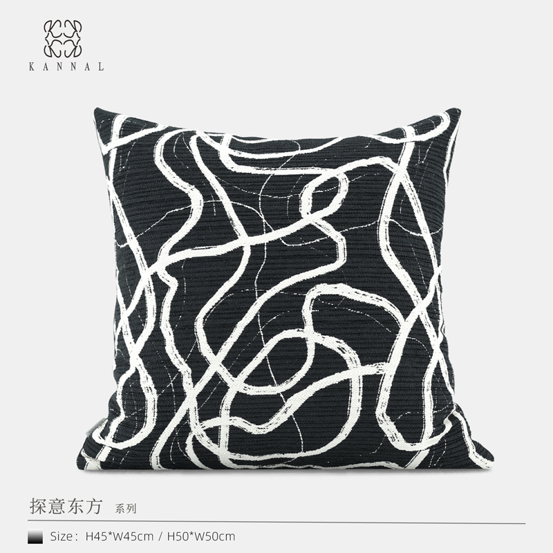隐山晕水『探意东方』高级新中式黑白色线条艺术棉麻抱枕别墅靠垫