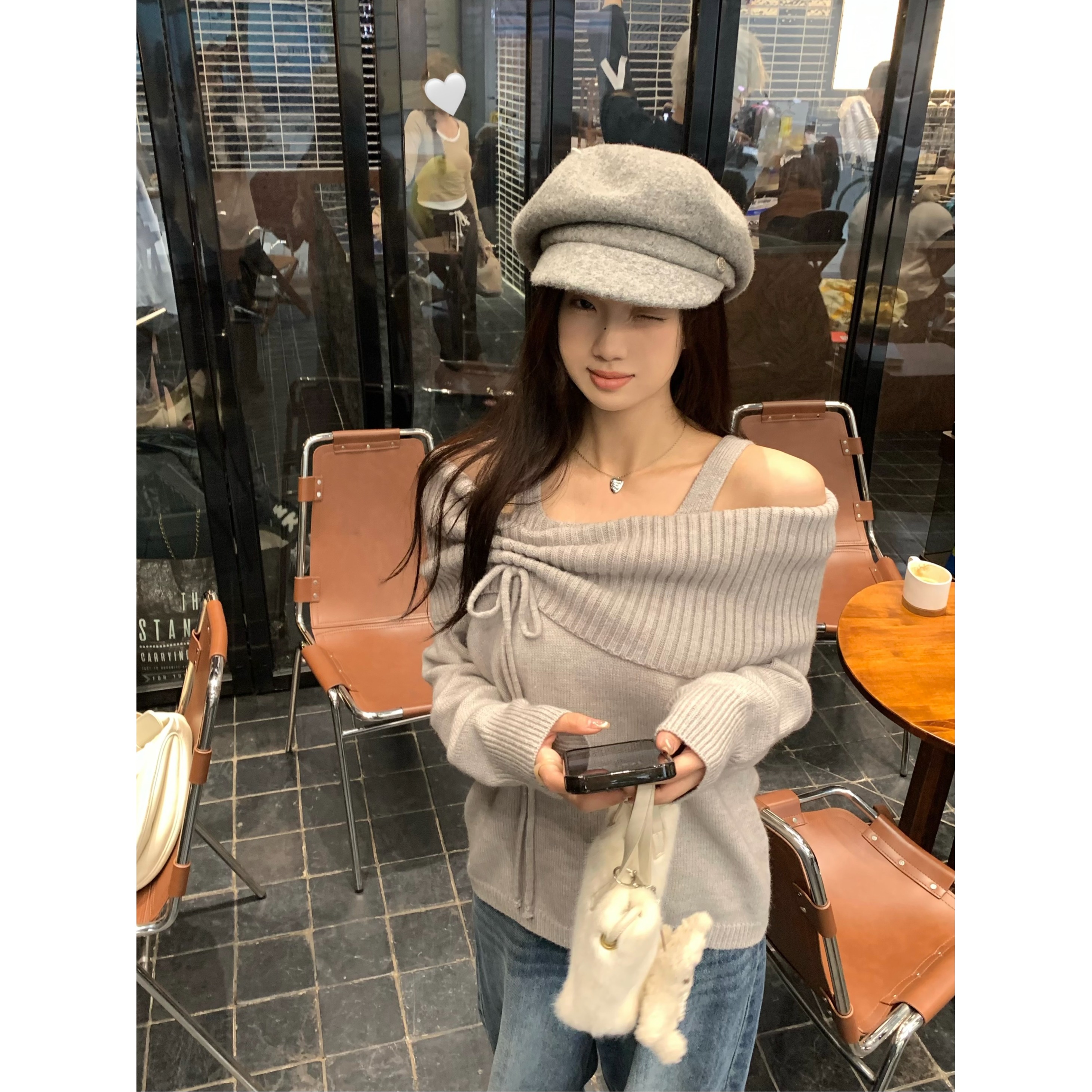 蝴蝶结露肩毛衣一字肩内搭针织