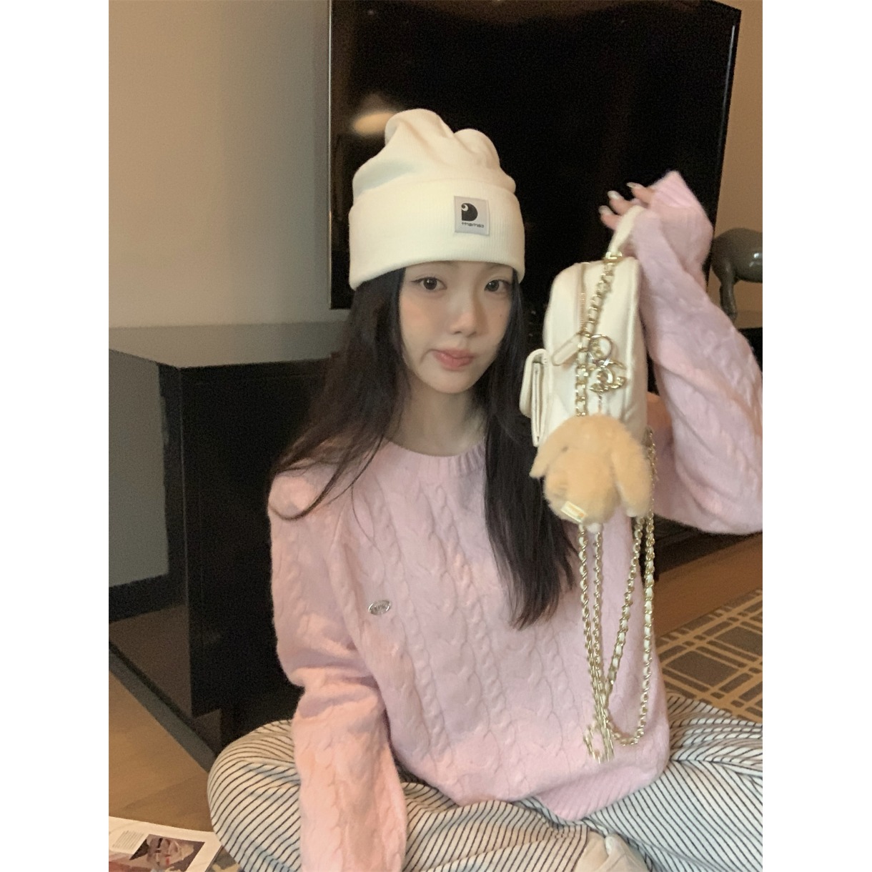 麻花套头粉色毛衣圆领毛针织衫