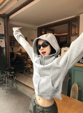 黑奶酪 BLACK~美式慵懒灰色短款连帽卫衣修身显瘦长袖拉链外套