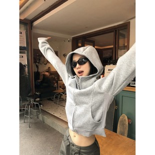 BLACK 显瘦长袖 美式 连帽卫衣修身 拉链外套 慵懒灰色短款 黑奶酪