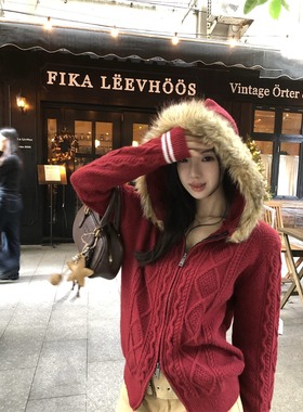 黑奶酪BLACK~ 落日玫瑰海 跨年新年红色毛领外套毛衣连帽针织开衫